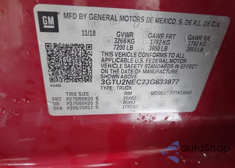 2018 GMC Sierra K1500 Slt z USA, uszkodzony, nr VIN 3GTU2NEC7JG533877